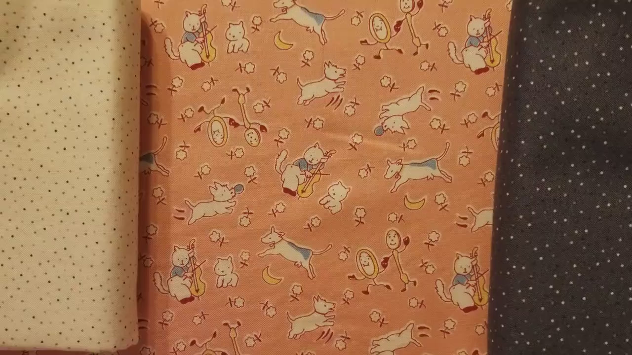 Story Time Hey Diddle Diddle in peachy pink by Maywood Studio.  Quilter's Cotton Fabric with vintage style for sewing.  Continuous Cuts.