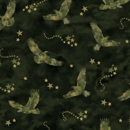 Eagles in Flight Camo Print with Gold Glitter Stars by Fabric Traditions continuous cuts of Quilter's Cotton Patriotic Fabric