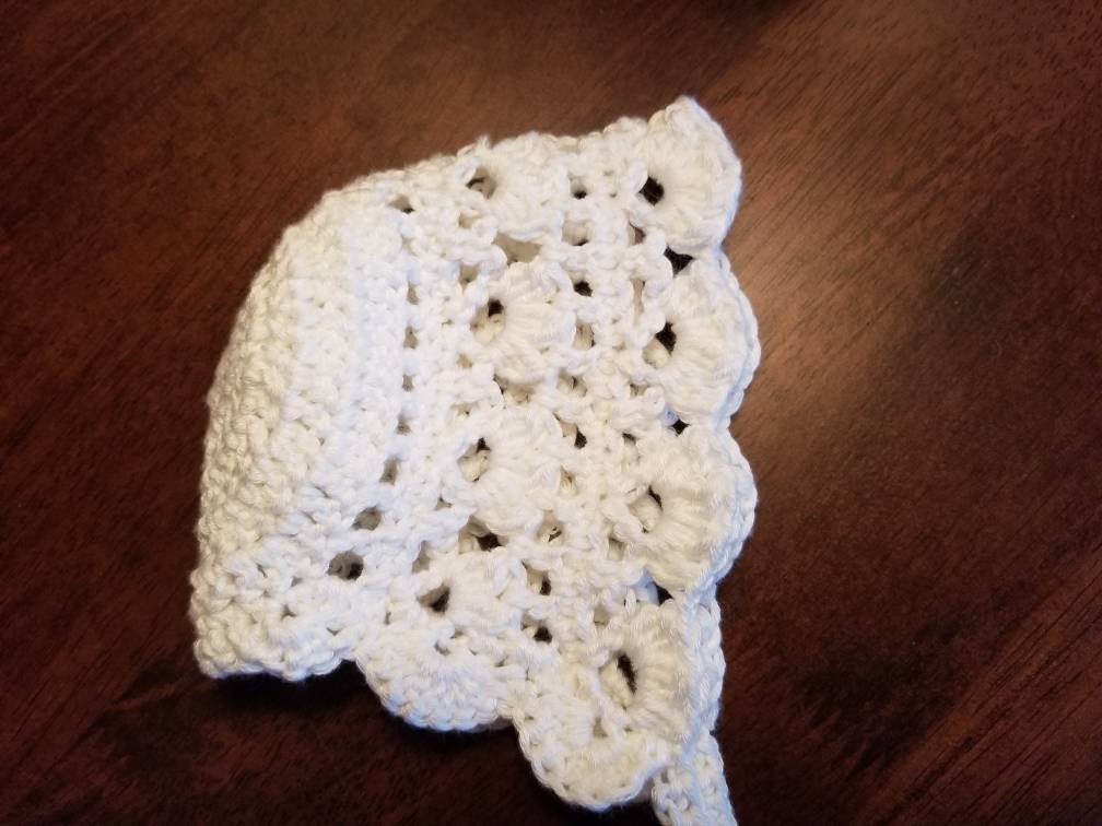 White Lacey Newborn Baby Bonnet & Booties Set. Perfect for boys or girls for Christening or Baby Shower gift. Hand Crocheted Cotton/Bamboo