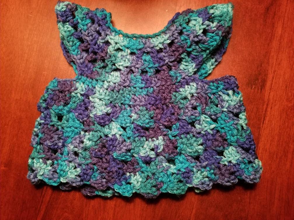 Newborn Baby Vest with Fluttery Sleeve, 0 to 3 months, hand crochet of washable variegated blue & purple acrylic