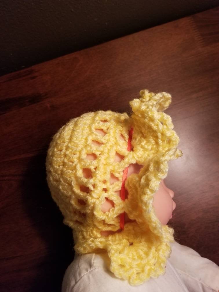 Lacey Newborn Bonnet, Spring Yellow crocheted Baby Hat with orange ties