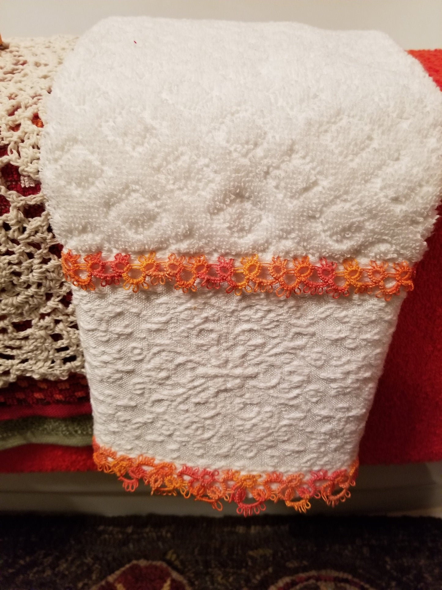 Handmade Tatted Lace Edged Hand Towel, Decorative Custom Colors