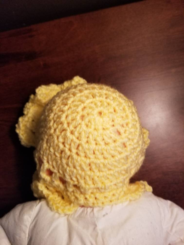 Lacey Newborn Bonnet, Spring Yellow crocheted Baby Hat with orange ties