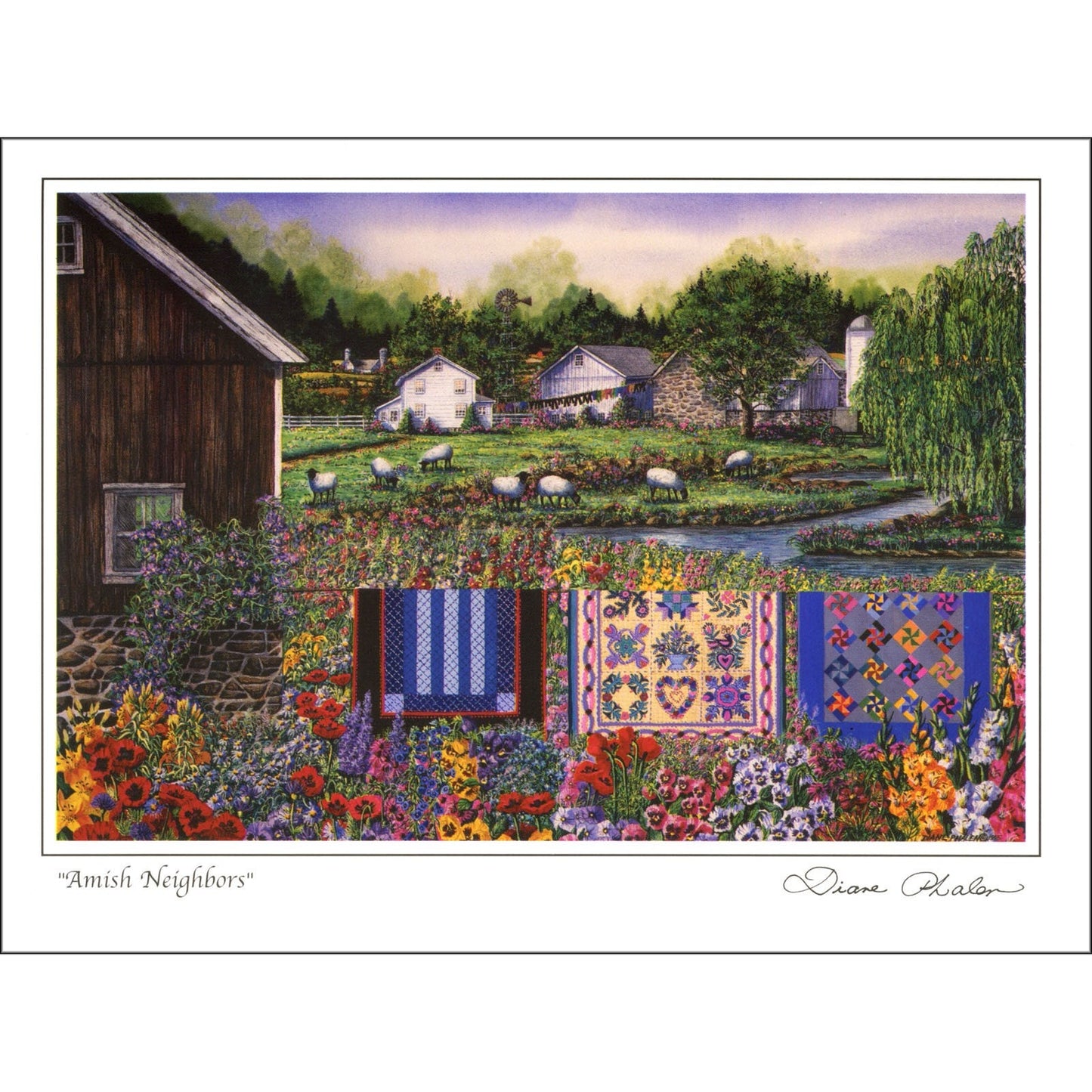 Quilt Themed 6 Note Card Set of Amish Quilt Scenes 3 different prints by Diane Phalen Watercolors