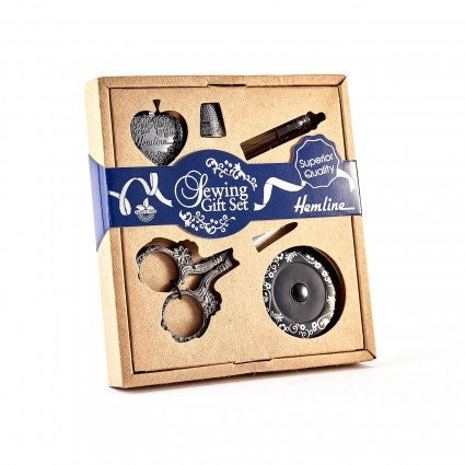 Hemline 5 Piece Antique Silver Colored Sewing Gift Set with Scissors, Tape Measure, Thread Cutter Pendant, Thimble, and Needles