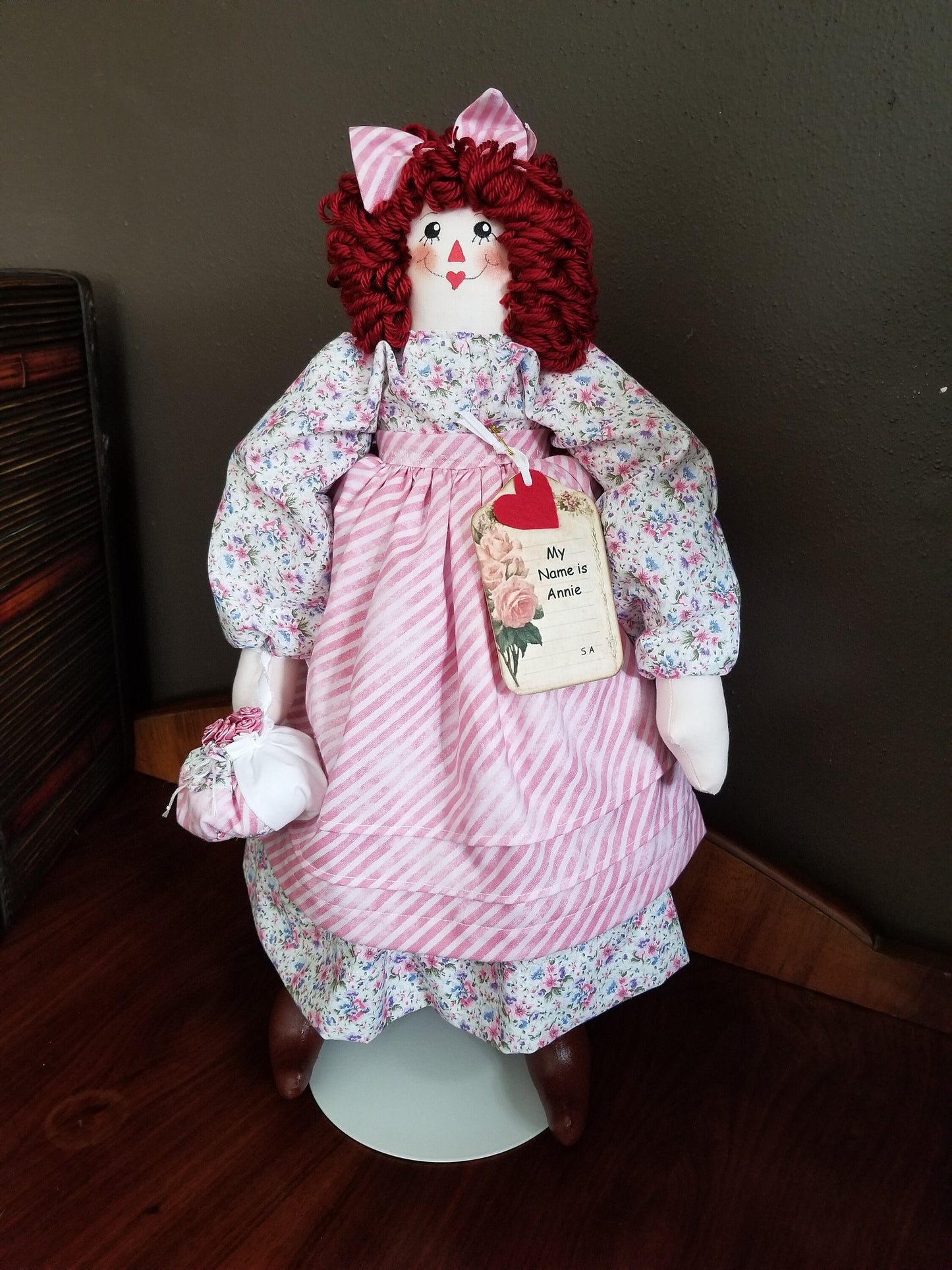 Handmade Annie doll with pink striped handbag. Limited Edition Series by Sunnie Andress