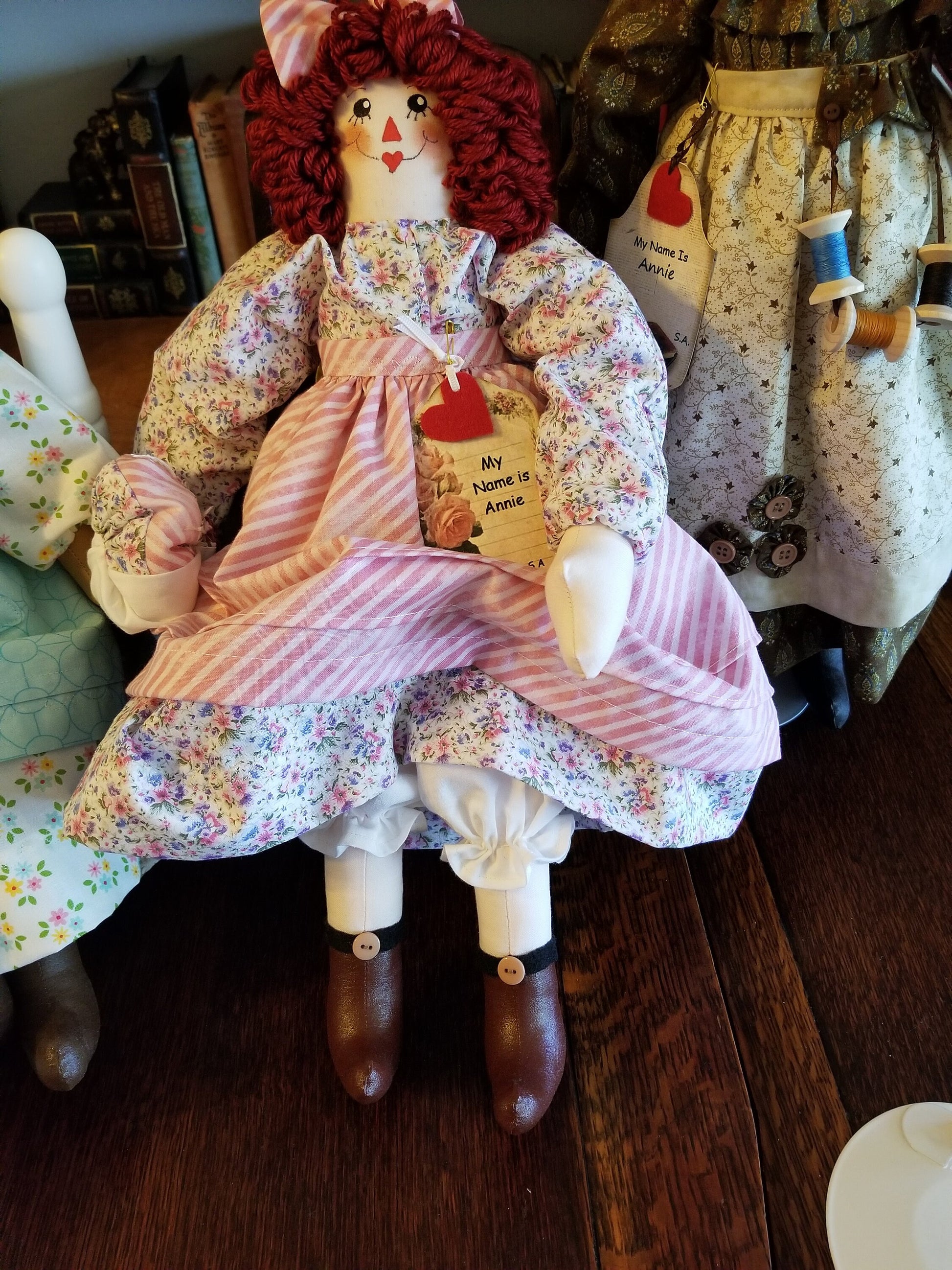 Handmade Annie doll with pink striped handbag. Limited Edition Series by Sunnie Andress