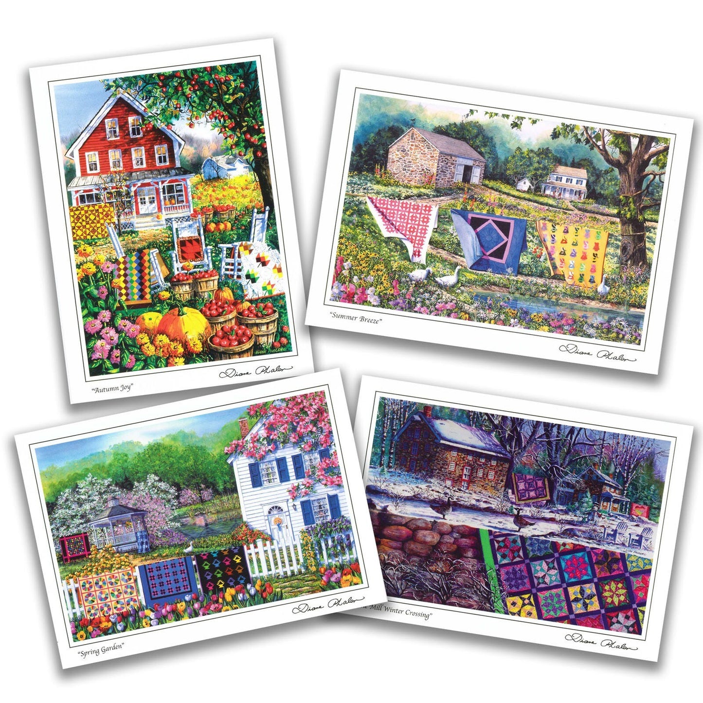Quilt Themed 8 Note Card Set of Four Seasons of Quilts.  4 different prints by Diane Phalen Watercolors