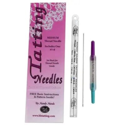 Tatting Needle size 5 in a tube with a needle threader from Handy Hands. Perfect for size 20 or 10 tatting thread.