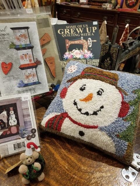 Snowman Pillow rug hooked in wool/wool blend on monks cloth. Original, one of a kind design by Sunnie Andress