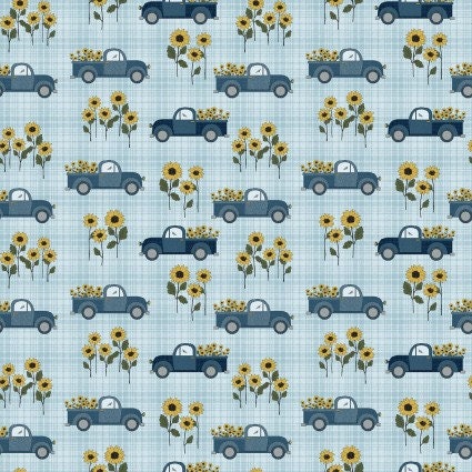 Heartland Country Road Trucks in Blue by Benartex continuous cuts of Quilter's Cotton Fabric, Light Turquoise background Blue Vintage Trucks