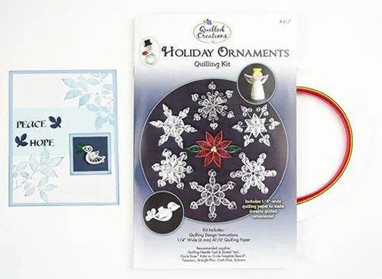 Holiday Ornaments Paper Quilling Kit by Quilled Creations includes Snowman, Angel, Poinsettia, Dove, & Several Snowflakes