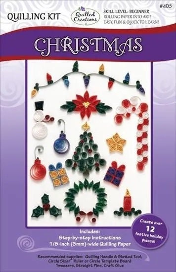Christmas Paper Quilling Kit by Quilled Creations includes Snowman, Poinsettia, Candy Cane, Tree, Wreath, Holly, Lights, Gifts, & Ornaments