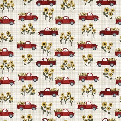 Heartland Country Road Trucks in Red by Benartex  continuous cuts of Quilter's Cotton Fabric - Retro Red Pickup