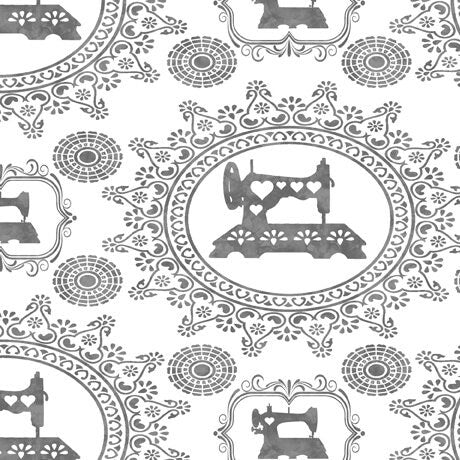 Sewing Machine Doily 108" wide Quilt Backing Fabric in Black and White Got Your Back by QT Fabrics continuous cuts of Quilter's Cotton