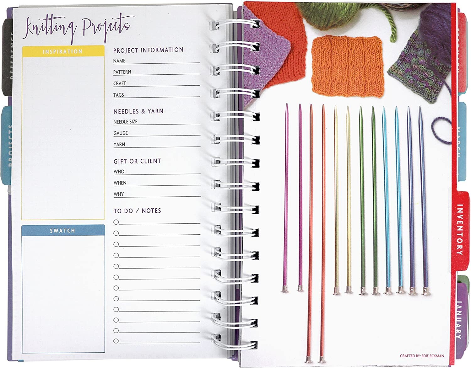 Boye 12 month undated Knitting Planner with reference guide, project pages, inventory, 2 day per month & 1 day per week with monthly tabs