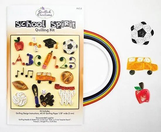 School Spirit Paper Quilling Kit includes apple, scroll and cap, music notes, school bus, and sports equipment by Quilled Creations