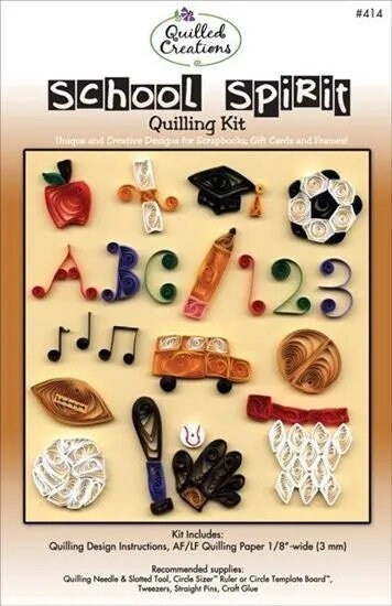School Spirit Paper Quilling Kit includes apple, scroll and cap, music notes, school bus, and sports equipment by Quilled Creations