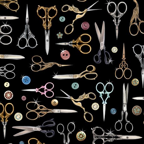 Just Sew Scissors in black by QT Fabrics continuous cuts of Quilter's Cotton Fabric
