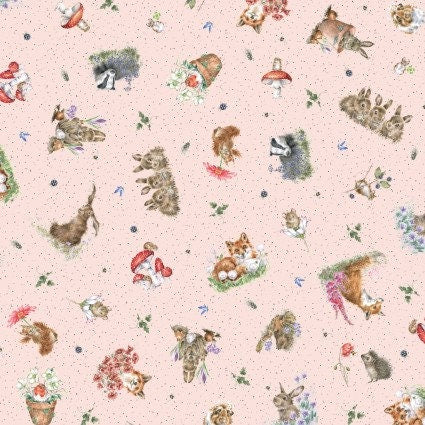 Bramble Patch Tossed Animals in Pink by Maywood Studio designed by Hannah Dale, continuous cuts of Quilter's Cotton Fabric