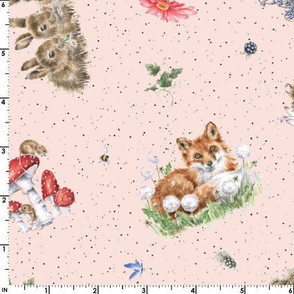 Bramble Patch Tossed Animals in Pink by Maywood Studio designed by Hannah Dale, continuous cuts of Quilter's Cotton Fabric