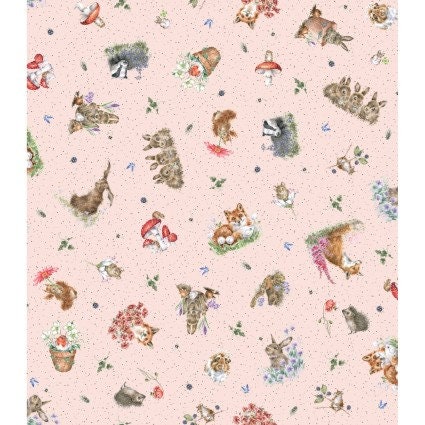 Bramble Patch Tossed Animals in Pink by Maywood Studio designed by Hannah Dale, continuous cuts of Quilter's Cotton Fabric
