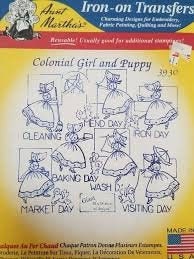 Colonial Girl and Puppy Aunt Martha&#39;s #3930 Vintage Embroidery Hot Iron Transfer Pattern