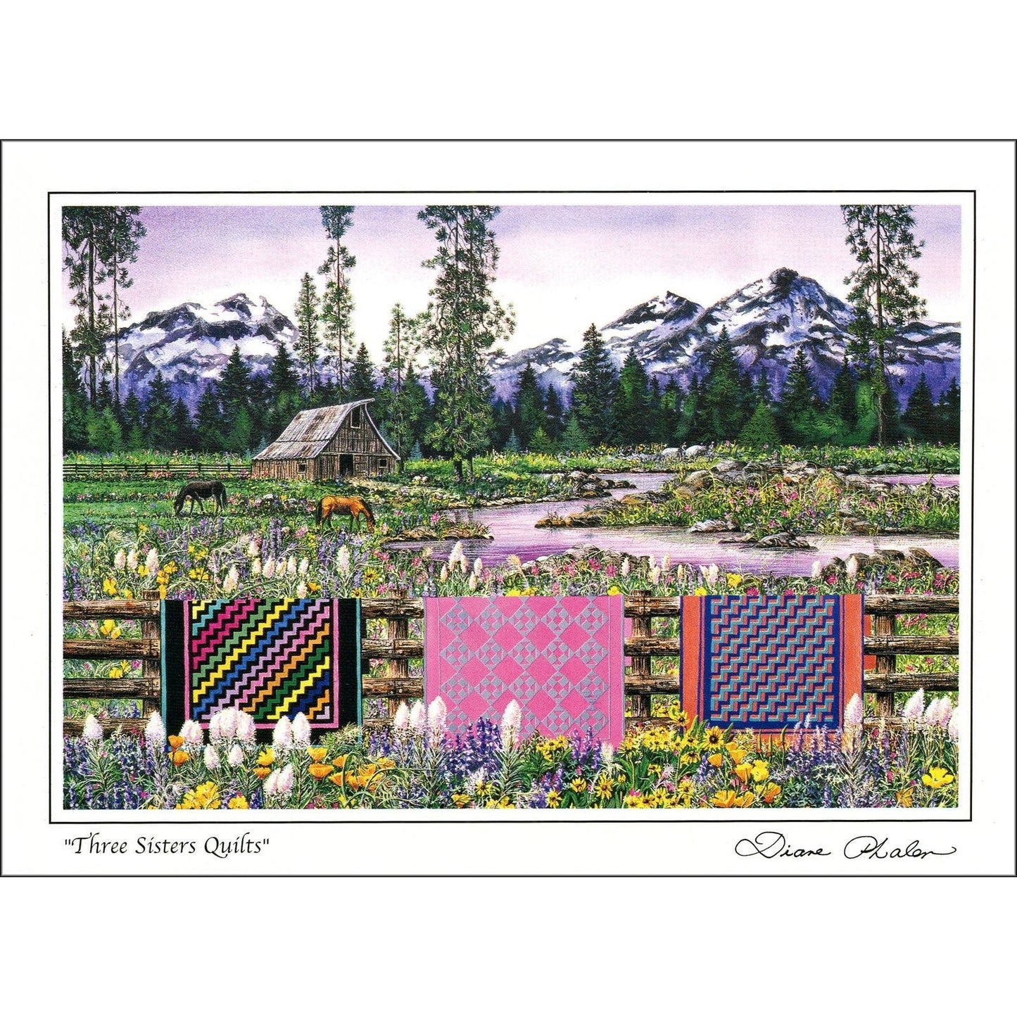 Quilt Themed 6 Note Card Set of Mountains & Quilts 3 different prints by Diane Phalen Watercolors