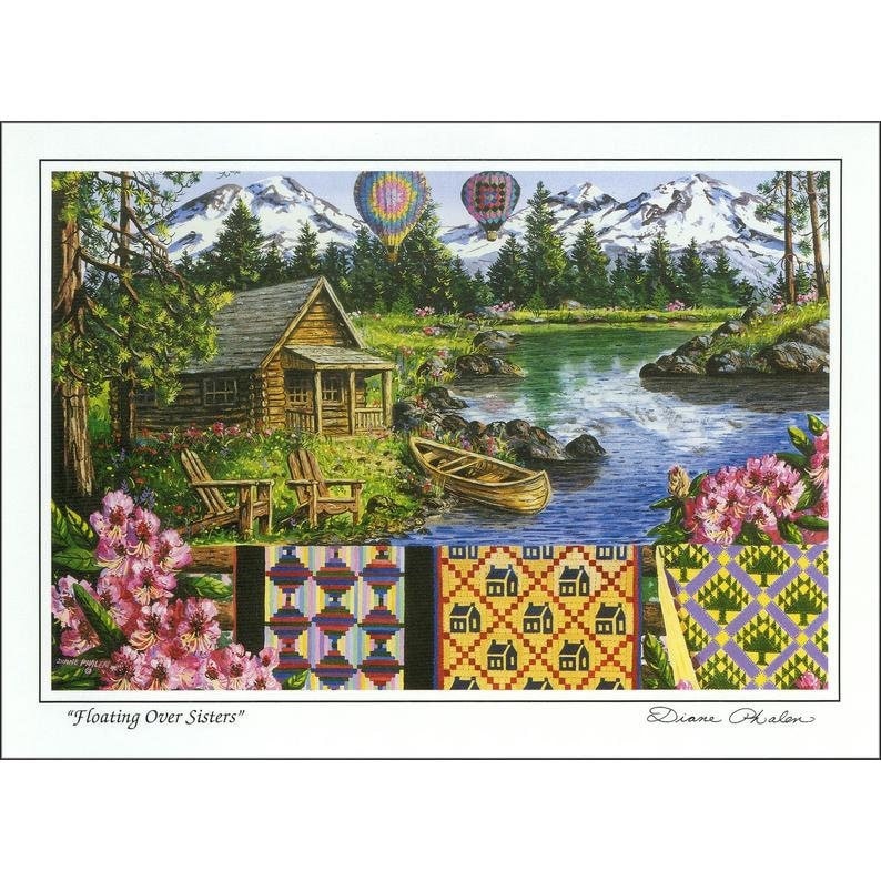 Quilt Themed 6 Note Card Set of Mountains & Quilts 3 different prints by Diane Phalen Watercolors