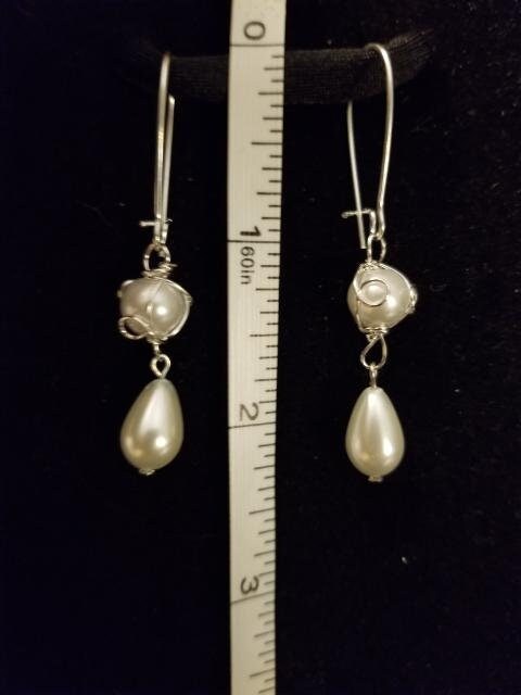 Pearly and Silver Wire Wrap Drop Earrings