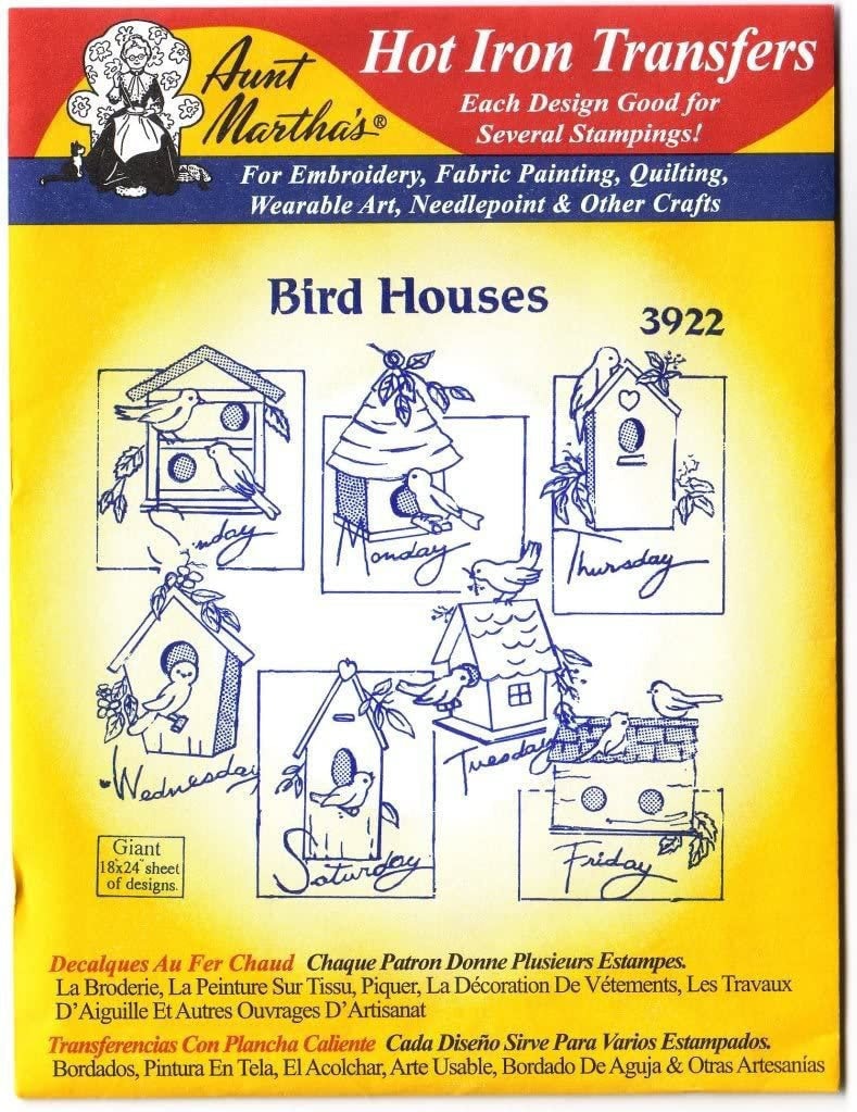 Birdhouses Aunt Martha&#39;s #3922 Vintage Embroidery Hot Iron Transfer Cross Stitch Pattern
