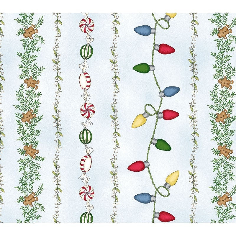 Christmas Joys Cotton Flannel &quot;Garland Stripe&quot; by Maywood Studio. Fabric with vintage style for Holiday sewing. Continuous cuts.