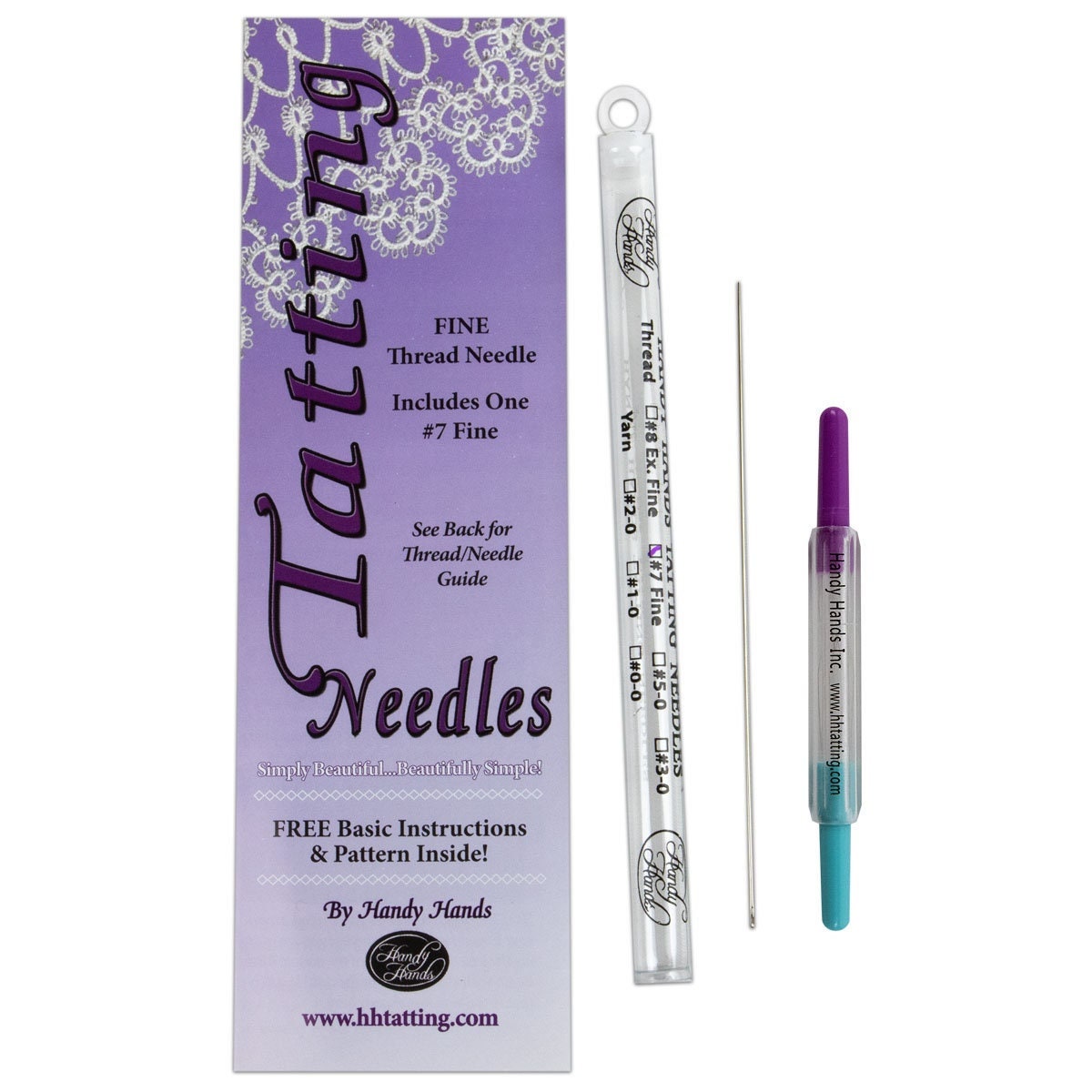 Tatting Needle size 7 in a tube with a needle threader from Handy Hands. Perfect for size 20 tatting thread.