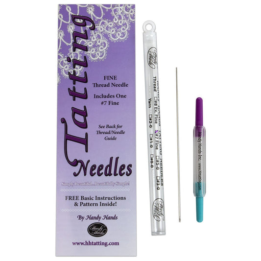 Tatting Needle size 7 in a tube with a needle threader from Handy Hands. Perfect for size 20 tatting thread.