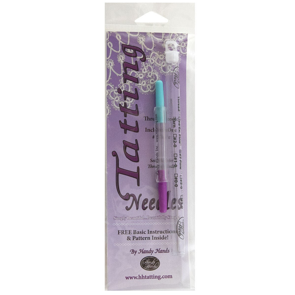 Tatting Needle size 7 in a tube with a needle threader from Handy Hands. Perfect for size 20 tatting thread.