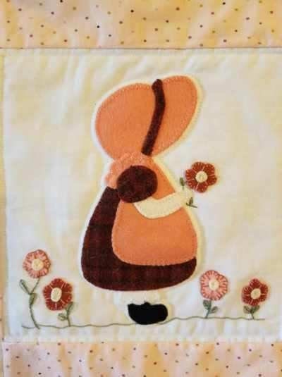 Sunbonnet Sue Spring Pattern, an original wool felt applique onto cotton pattern by the Enchanted Rose Emporium