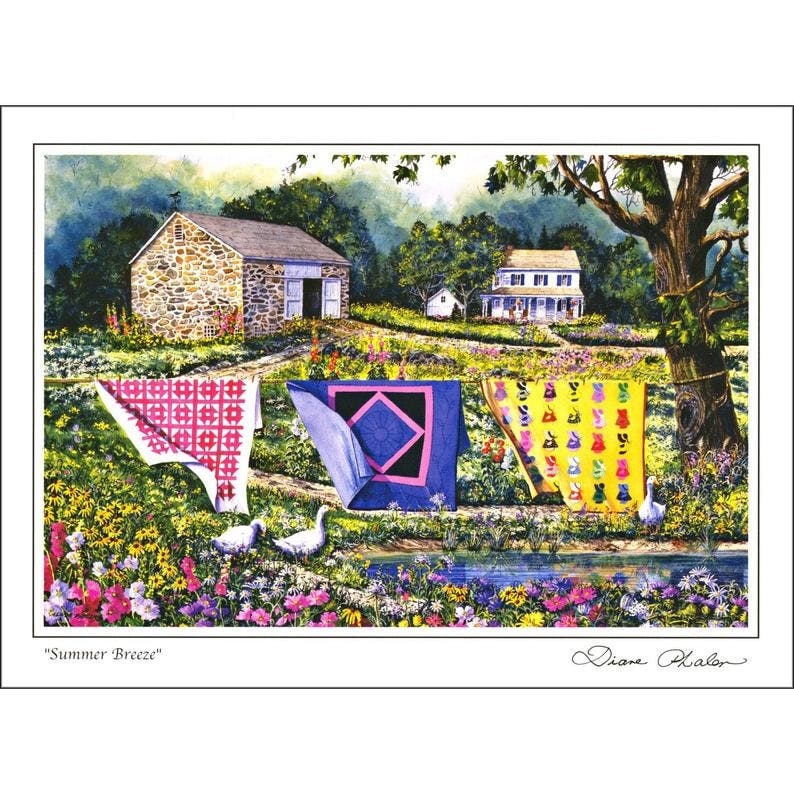 Quilt Themed 8 Note Card Set of Countryside Quilts.  4 different prints by Diane Phalen Watercolors