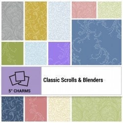 Classic Scrolls & Blenders by Jackie Robinson of Animas Quilts for Benartex. Quilter&#39;s Cotton Charm Pack of 42 5 x 5inch squares