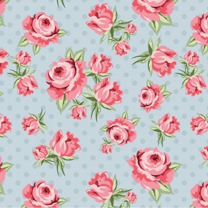 Dots & Posies Prize Roses in Blue by Poppie Cotton continuous cuts of Quilter&#39;s Cotton Fabric