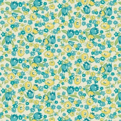 Nana Mae VI Tulips in Aqua by Henry Glass continuous cuts of Quilter&#39;s Cotton 30&#39;s print Fabric