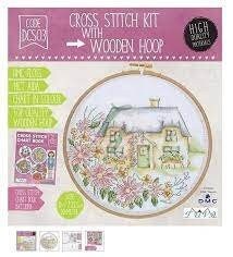 Country House Counted Cross Stitch Kit with DMC Floss and Wooden Hoop by Tuva