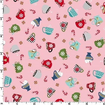 Cup of Cheer Cozy Cups in Pink by Maywood Studio continuous cuts of Quilter&#39;s Cotton Fabric