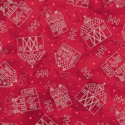 Sheltering Tree Houses in Red by Maywood Studio continuous cuts of Quilter&#39;s Cotton Fabric