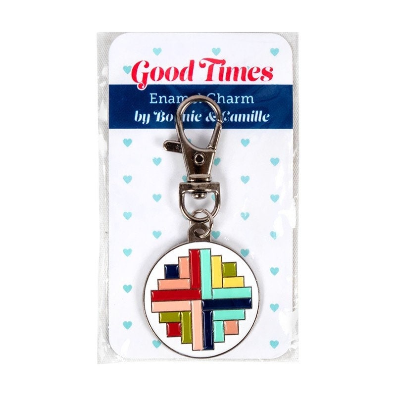 Log Cabin Quilt Block Enamel Charm, Keychain with Good Times Charm and Lobster Clasp