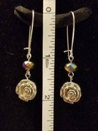 Beautiful Vintage Style Silver Rose Drop Earrings with dark Iridescent Bead
