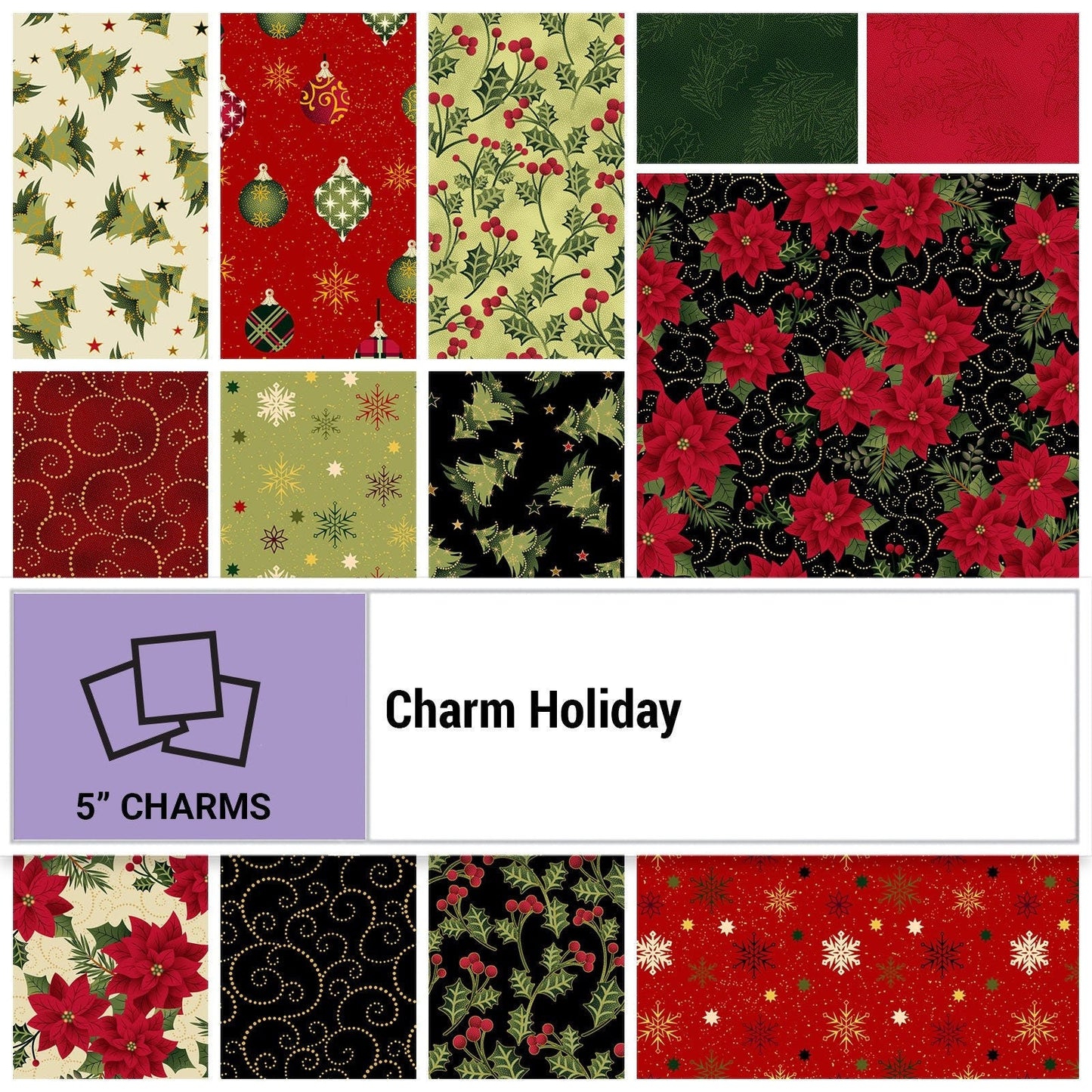 Charm Holiday by Benartex. Quilter&#39;s Cotton Charm Pack of 42 5 x 5 inch squares