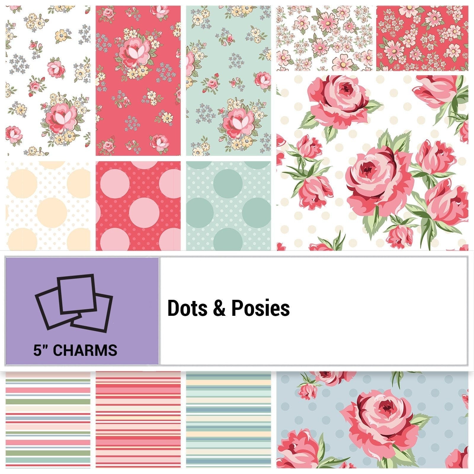 Dots & Posies Charm Pack of Quilter&#39;s Cotton by Poppie Cotton 42 piece collection of 5 inch squares