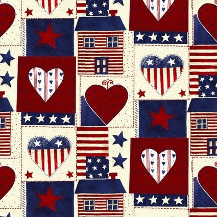 Americana Heart Patch print by David Textiles continuous cuts of Quilter&#39;s Cotton Fabric red, white, and blue