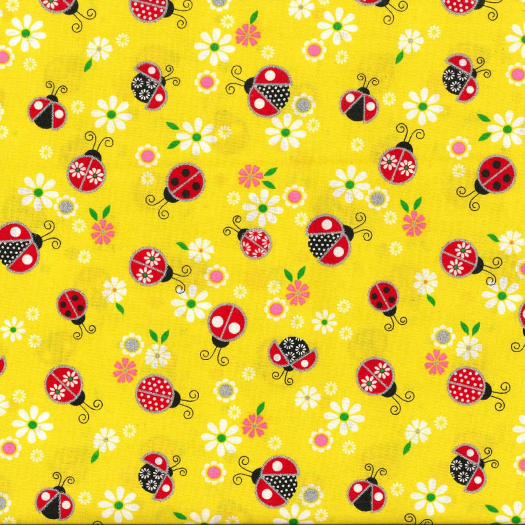 Darling Ladybug Floral print by Fabric Traditions continuous cuts of Quilter&#39;s Cotton Fabric bright yellow, red, white, and black
