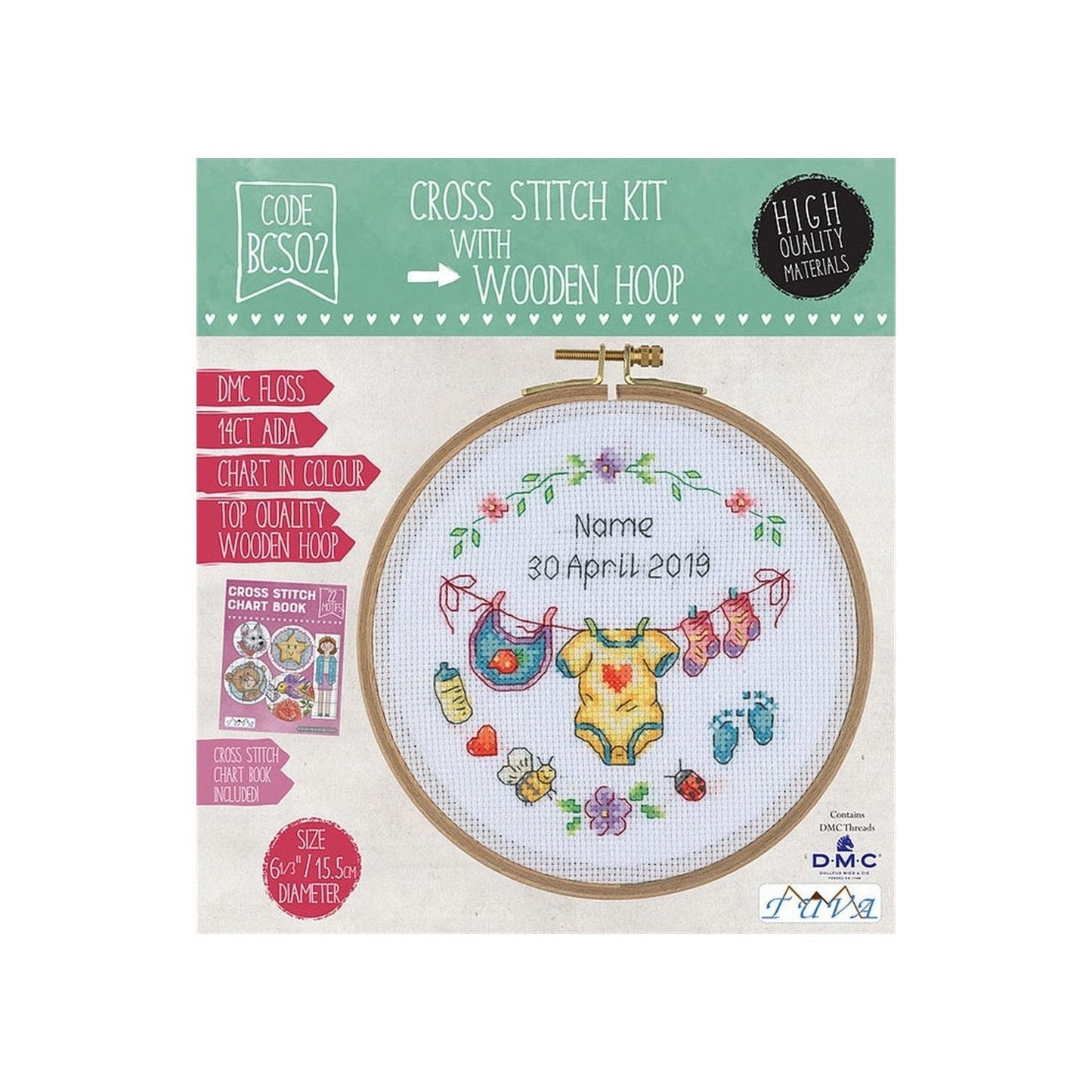 Baby Clothesline Counted Cross Stitch Kit with DMC Floss and Wooden Hoop by Tuva